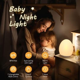 JolyWell Night Light for Kids, Baby Egg Light with 7 Colors Changing Mode & Stepless Dimming, Nursery Night Lamp BPA Free,Rechargeable Egg Night Light for Breastfeeding 1h Timer & Touch Control, Wood