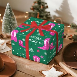 LeZakaa Cowgirl Christmas Wrapping Paper Roll, Green Hot Pink, Cowgirl Boot Design for Christmas, Holidays, Parties, for Teens, Adults, Mini Roll 17 in x 16.4 Ft