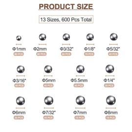 sourcing map 600pcs G16 Precision Balls Assortment Kit 1mm 2mm 5mm 5.5mm 6mm 7mm 8mm 1/4" 3/16" 7/32" 5/32" 1/8" 3/32" Chrome Steel Solid Bearing Balls