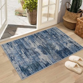 Machine Washable Area Rugs 2x3: Small Entryway Rug with Non Slip Backing Non Shedding Stain Resistant Abstract Carpet for Living Room Bedroom Kitchen Laundry Under Dining Table - Beige/Blue