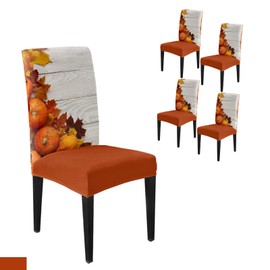 Fall Chair Covers Set of 4 Thanksgiving Chair Covers for Dining Chairs Orange Pumpkin Maple Leaf Vintage Farm Wooden Plank Stretch Removable Chair Slipcovers for Dining Room Kitchen Holiday Party