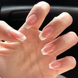 Acrylic Press on Nails Medium Square Fake Nails White French Tip False Nails with Gloss Designs Nails Press on Artificial Nails Stick on Nails for Women 24Pcs