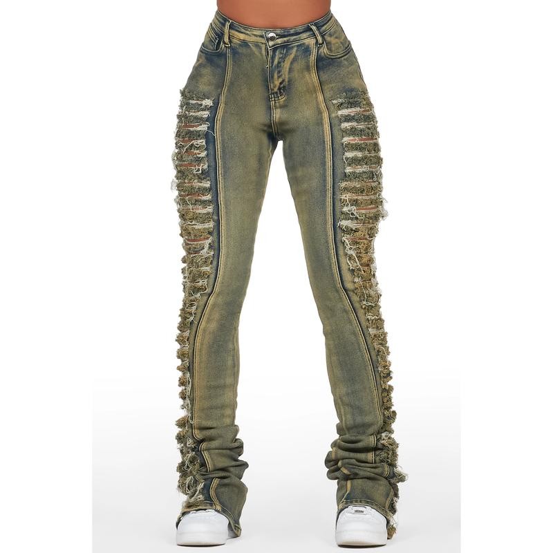 Erielle Tinted Dark Wash Mega Distressed Super Stacked Jean -