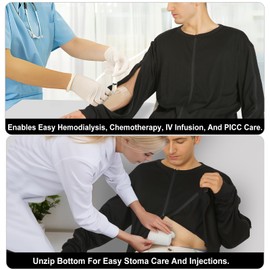 Dialysis Shirts with Arm Zipper Cozy Port Access Full Two Way Zip Hemodialysis Clothing with Drain Pockets (Black, S)