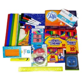 Back to School Supplies Bundle with Tissue, Markers, Pencils, Sharpeners, Crayons, Erasers, Glue Sticks, Earbuds, Paper Folders, Ruler, Ruled Index Cards, Scissors and Notebooks (20 Items)
