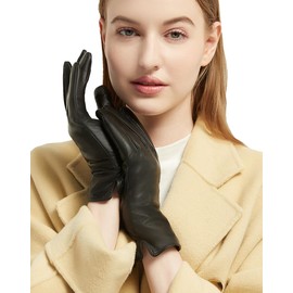 NOVBJECT Leather Gloves for Women Winter Full Touch Screen Genuine Leather Warm Cashmere Knitted Lining, Black, M