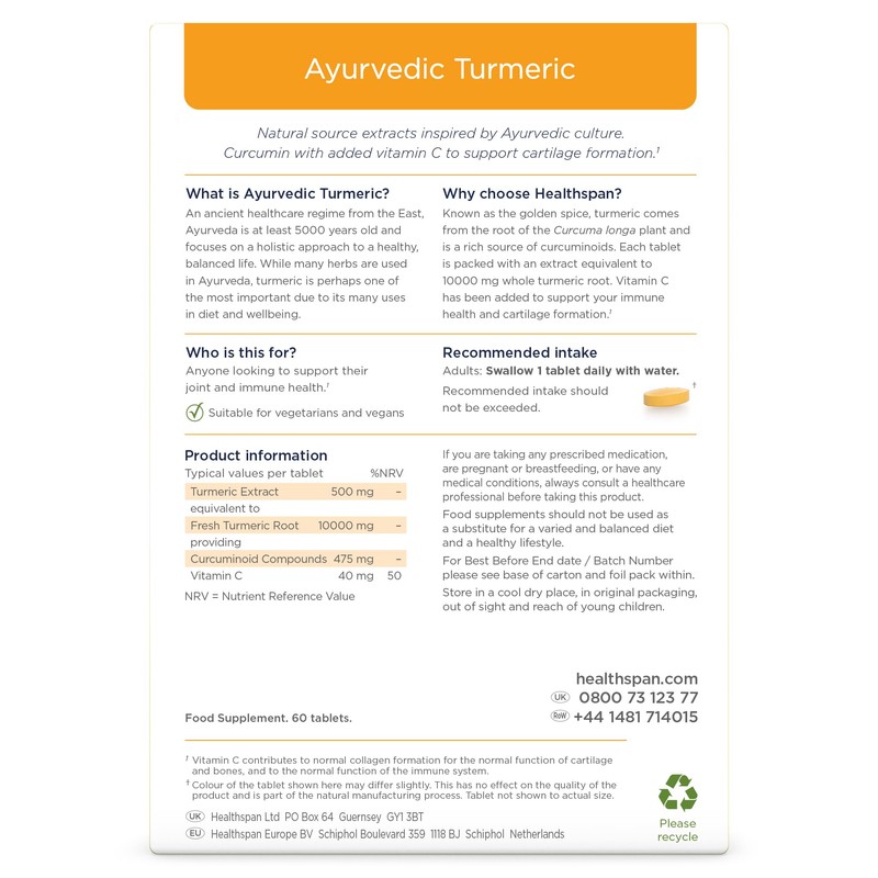 Healthspan Ayurvedic Turmeric | 60 Tablets | 95% high curcuminoid
