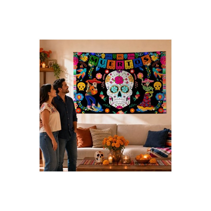 Banner Dia de Muertos,Fondo de Calavera 180×100cm,Decoracion Dia de Muertos