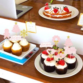 Ercadio - Paquete de 24 adornos de Navidad de Papá Noel para cupcakes con purpurina rosa para bebé, púas de magdalenas de Navidad, decoración de pasteles para fiestas