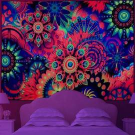 RLoncomix - Tapiz de mandala de luz negra, colorido bohemio, para colgar en la pared, arte floral reactivo a los rayos UV, tapices hippie, trípticos, pósteres de luz negra, para colgar en la pared