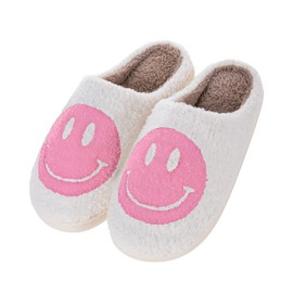 Smile Face Slippers for Women - Fluffy, Anti-Skid, Super Warm, Thick Cushioned Sole - Preppy Retro Soft Plush Fuzzy Slip-on Happy Face Cozy Slippers for Indoor & Outdoor Use - Sizes 5-10 US
