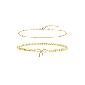 JNUIEU 2pcs Gold Bow Ankle Bracelets for Women 6In 8In 14K Gold Tennis/Satellite Beaded Anklet 4MM (Gold Satellite, 8.5, Inches)