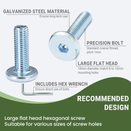 AMLOOPH M8 Bolts, M8 x 30mm Hex Socket Large Flat Head Carbon Steel Fully Threaded Furniture Screws/Bolts for Chairs, Cots, Beds and Tables (Pack Of 12- and a Wrench)