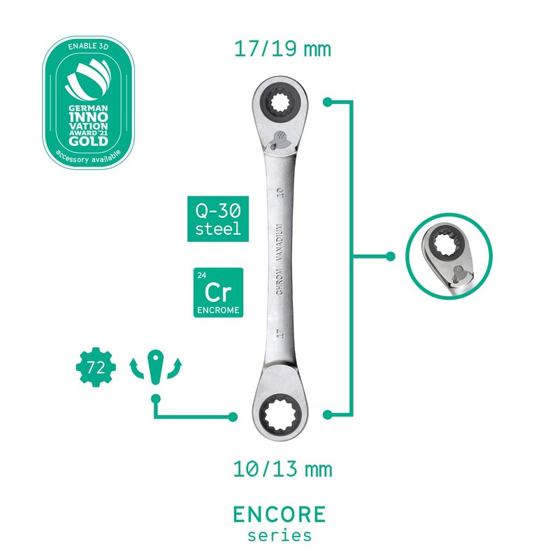 WIESEMANN 1893 Reversible 4-in-1 Double Ring Ratchet Spanner with 10,