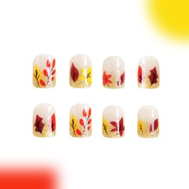 Fall Press on Nails Short Square Fake Nails with Leaves Designs Glitter French Tip Nails Press ons Light Nude Acrylic Winter Glue on Nails Cute False Nails Artificial Stick on Nails for Women 24Pcs