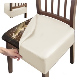 Leather Seat Covers Dining Chairs Waterproof Kitchen Chair Seat Covers set of 6, Wipeable 4-Sided Super Elastic PU Chair Covers Dining Chairs for Dining/Kitchen Room and Dust Resistant(Cream, 6PCS)