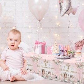 Juweked 3Pcs First Communion Table Cloth Plastic First Communion Decorations for Girls Baptism Table Cloth Mi Primera Comunion Table Cloth God Bless Baptism Decorations for Christening Confirmation