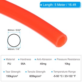 PATIKIL Pneumatic Tubing 1/4 OD 16.4ft, 6mm OD 4mm ID PU Air Line Pipe Tube for Air Compressor Fitting or Fluid Transfer,Orange Red