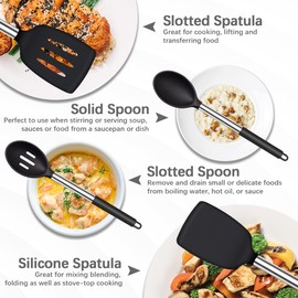 Silicone Spatula Spoon, 4 Pack Silicone Solid Turner Slotted Spatula and Kitchen Silicone Spoons Set for Cooking Baking, Heat Resistant BPA Free Black Silicone Utensils for Nonstick Cookware Mixing