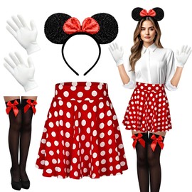Ycaaeo Women's Mini Mouse Costume with Red Polka Dot Dress, Mini Mouse Headband, Thigh Knee Socks with Bows, Red Dress and Gloves, Mini Mouse Costume Set for Carnival Costume Party
