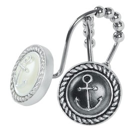 Nautical Anchor Shower Curtain Hooks, Rustproof Black White Ocean Sea Bathroom Curtain Hooks, 5 Roller Ring Balls Shower Hooks for Shower Curtain, Decorative Shower Curtain Hooks, Set of 12
