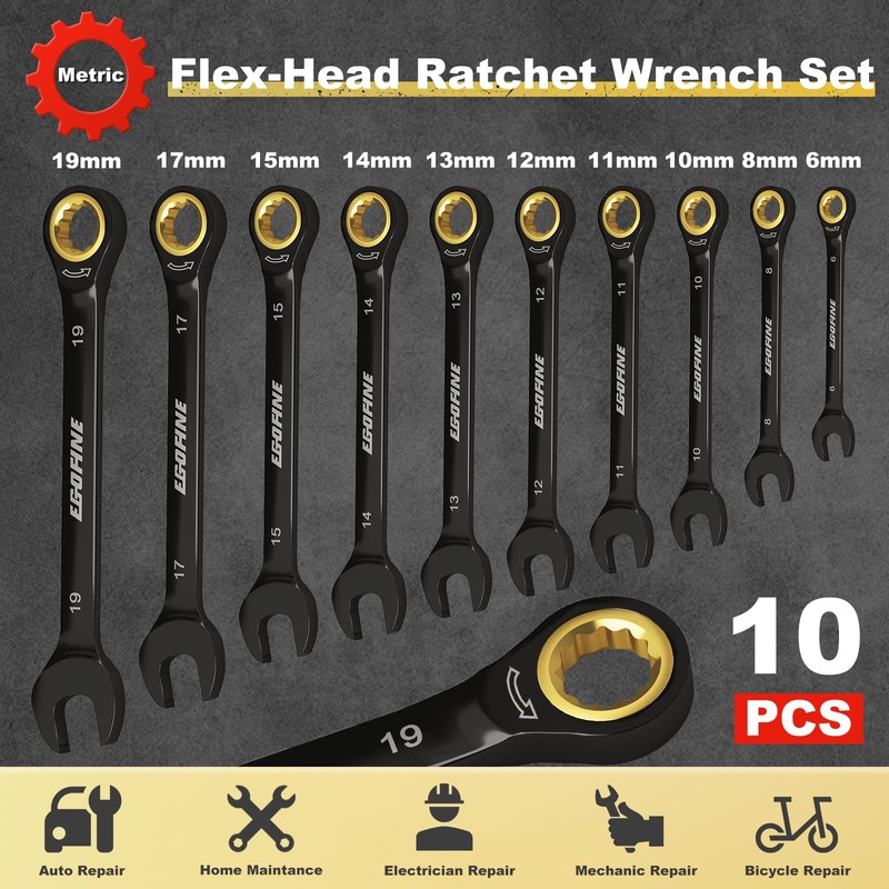 Egofine Ratcheting Wrench Set 10 Piece, Metric Wrench Set, CR-V