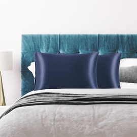 PiccoCasa Satin Cushion Cover with Envelope Closure for Hair and Skin, Set of 2 Cushion Covers, 51 x 66 cm, Cuddly Pillowcases for Sleeping Pillow, Decorative Cushion, Navy Blue