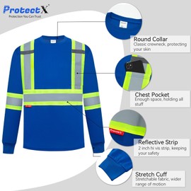 ProtectX 3-Pack Men's High Visibility Heavy Duty Breathable Long Sleeve Reflective Safety T-Shirts for Work Warehouse Construction, Class 2 Type R, Blue - X Large