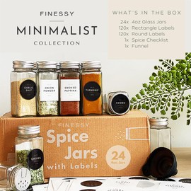 FINESSY Spice Jars With Label Spice Organizer for Cabinet, 24 pcs Seasoning Organizer Seasoning Jars Spice Condiment Pots, Empty 4 oz Glass Spice Jars Labels Minimalist, Spice Set Spice Bottles