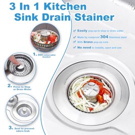 3-in-1 Kitchen Sink Drain Strainer & Stopper with Basket, Stainless Steel Drain Plug Cover Catcher for Food Waste - Sink Accessories for Home or Kitchen Sink Shroom Fit US Standard 3-1/2'' Drain Hole