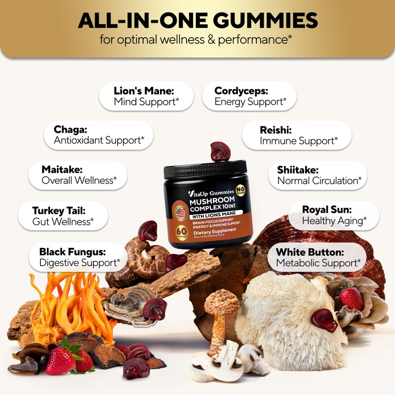 VitaUp Mushroom Gummies for Adults - USA Made 10 in