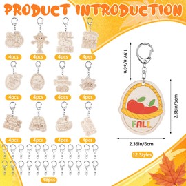 48 Pcs Fall Crafts Color Your Own Keychains Bulk Wooden Thanksgiving DIY Pumpkin Maple Leaves Autumn Blank Keychain Art Gifts for Kids Adults School Classroom Home Active Fall Party Favors,12 Styles
