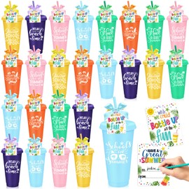 24 Packs End of The Year Gifts for Student 24 oz Summer Plastic Cups with Lid and Straw Bulk Summer Graduation Reusable Tumblers with Cards for Beach Pool Birthday Vacation Party Supplies