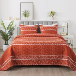 Andency Terracotta Quilt Set Oversized King (118x120 Inch), 3 Pieces(1 Striped Triangle Printed Quilt and 2 Pillowcases), Burnt Orange Bohemian Summer Lightweight Reversible Bedspread Coverlet Sets