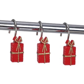 Two Fish Home Fashions Set of 12 Decorative Christmas Tree Resin Shower Curtain Hooks, Christmas Tree Resin Curtain Rings Pack of 12 (Red Gifts Box)