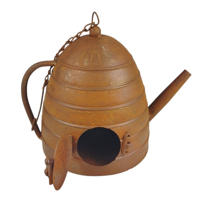 Metal Teapot Bird House in Rust Effect for Hanging