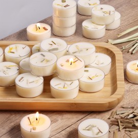 Citronella Tea Light Candles Outdoor, 48 Pack- Extended 4-5h Clear Cup Scented Tealight Candles with Handmade Floral Surface, 100% Natural Palm Wax Tealights Smokeless for Patio, Summer, Indoor