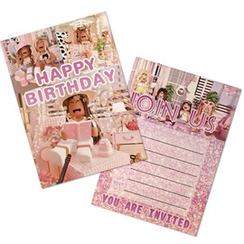 16pcs Video Game Birthday Party Invitations,Video Game Birthday Party supplies, Birthday Invitation Cards for Girls