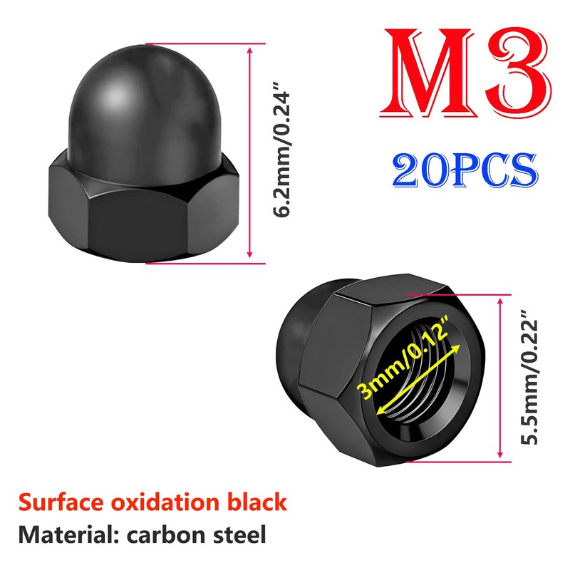 Qrity 20 Pcs Acorn Cap Nuts, M3 Black Carbon Steel