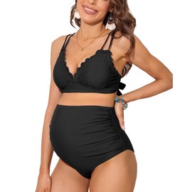 Charmo Women Maternity Bikini Set High Waist Ruched 2 Piece Swimming Costume with Padded Black L