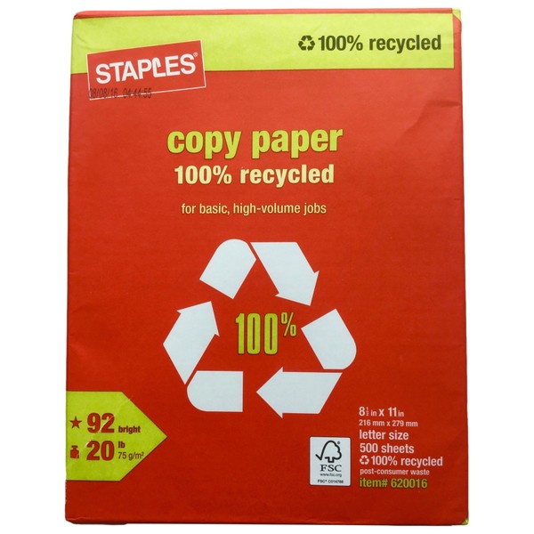 Staples 100% Recycled Copy Fax Laser Inkjet Printer Paper, Bright White, 500 Sheets