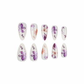 MERVF Almond Press on Nails Medium Fake Nail White Glue ons Purple Flower Stiletto Acrylic Elegance Art Manicure Glossy 24pcs