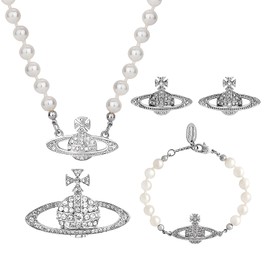 Dreuyet 4PCS Rhinestone Planet Saturn Pearl Choker Necklace Bracelet Earring Brooch Pin Jewelry Set for Women Charm Artificial Pearl Necklace Charm Lady Wedding Accessories Y2k Jewelry (Silver)