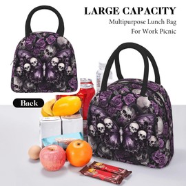 Luixdie Skull Insulated Lunch Bag for Woman Gthic Sugar Skull Purple Rose Lunch Box Tote Bag Reusable Insulated Cooler Container Leakproof Lunch Bag for Work Picnic Camping