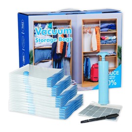 Vivelyst,16-piece vacuum storage bags,space-saving bags(4 extra-large,4 large,4 medium,4 small) for compressing quilts and blankets,vacuum sealing of clothing,including a hand pump,labels,and a pen.