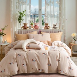 Tospass Cotton Bed Linen Set 135 x 200 cm Khaki Colourful Dachshund Girls Reversible Bed Linen Dachshund Teen Children's Duvet Cover Dog Pattern Duvet Cover with Zip and Pillowcase 80 x 80 cm