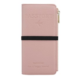 DOB SECHS Leather Passport Wallet Holder for Women, RFID Blocking Passport Cover Credit Cards Case, Travel Accessories Organizer Pouch Bag with ID Window+Zippered Cash Pocket+SIM Slots, Pink