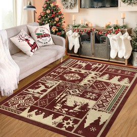 RUGSREAL Christmas Area Rug Farmhouse Decorative Area Rug Rustic Buffalo Elk Indoor Throw Rug Xmas Area Rug Boho Area Rug Washable Area Rug for Bedroom Living Room Kitchen Nursery, Red 4' x 6'