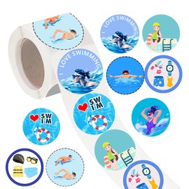 PIBIPAID 500 Pcs Swimming Roll Stickers,Swimming Party Favor Supplies Decorations Action Sport Themed Birthday Party Goodie Bag Stuffers Prize Labels