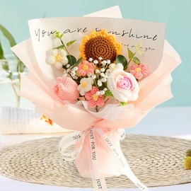 Generic Crochet Flower Bouquet Already Made Woven Bouquet Artificial Flowers Bouquet for Restaurant Party Supplies Hotel Study Room, Pink Flower, 35cmx35cm